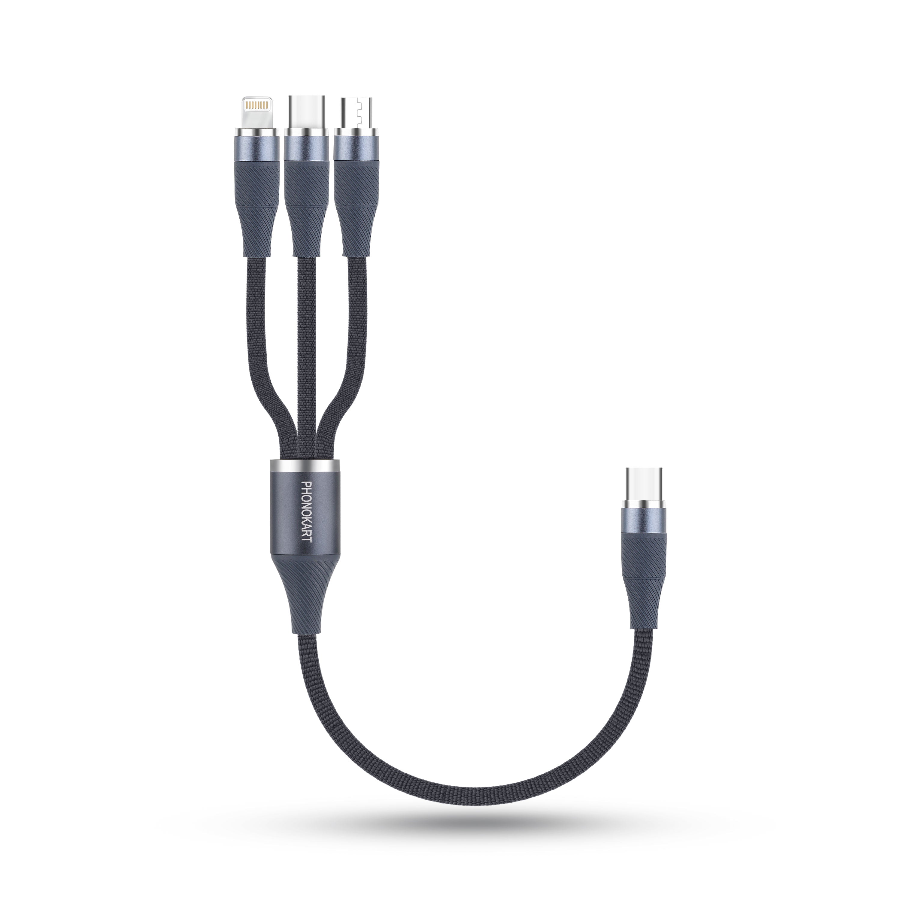 Phonokart Trix 3 In 1 100W Compact multi charging Cable Type-C TO Type C, Lightning and Micro Cable (30cm length cable)