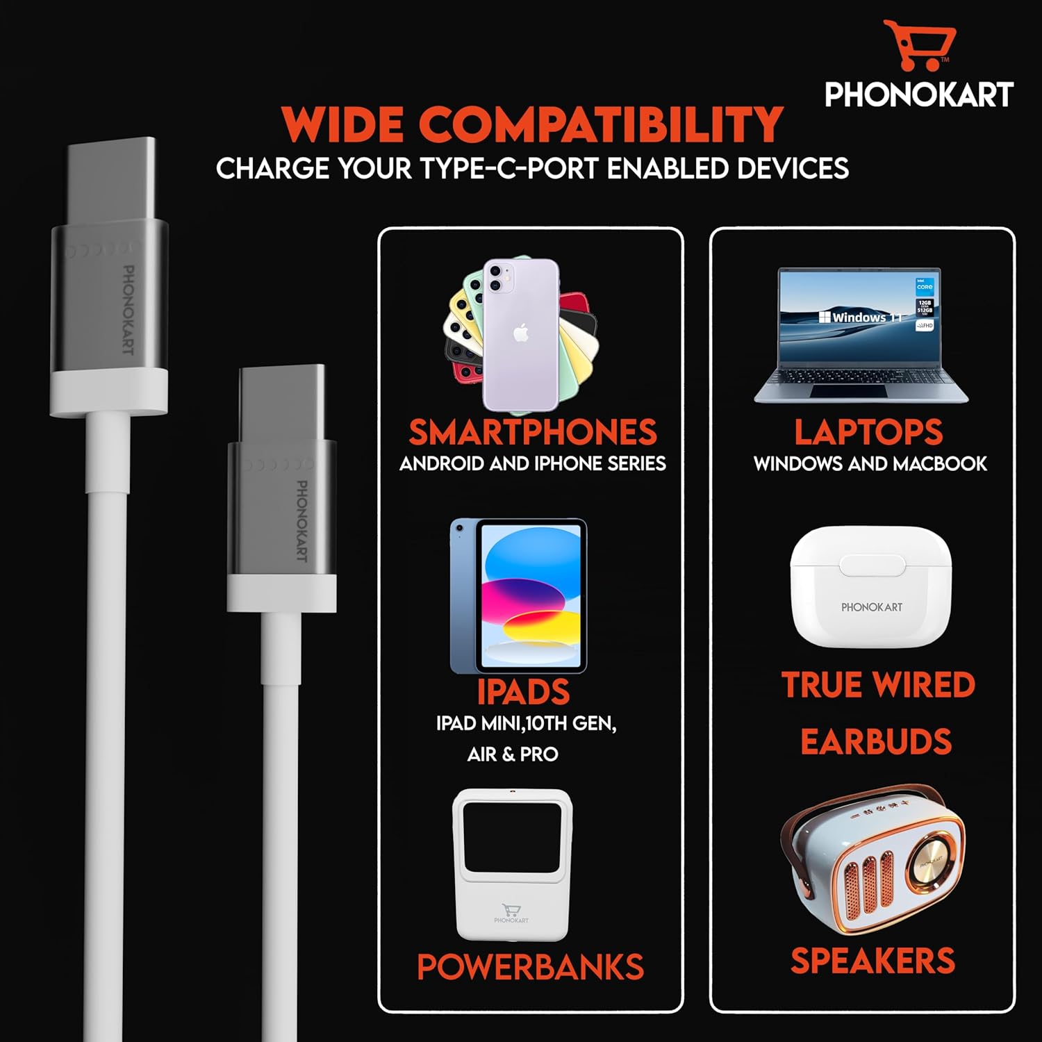 Phonokart GLAZE Type C To Type C Cable 1M Length (WHITE)