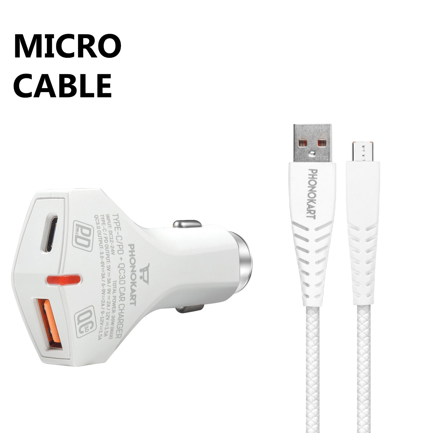 BOLD CAR CHARGER (PD/QC 3.0) WITH FREE MICRO USB CABLE (WHITE)
