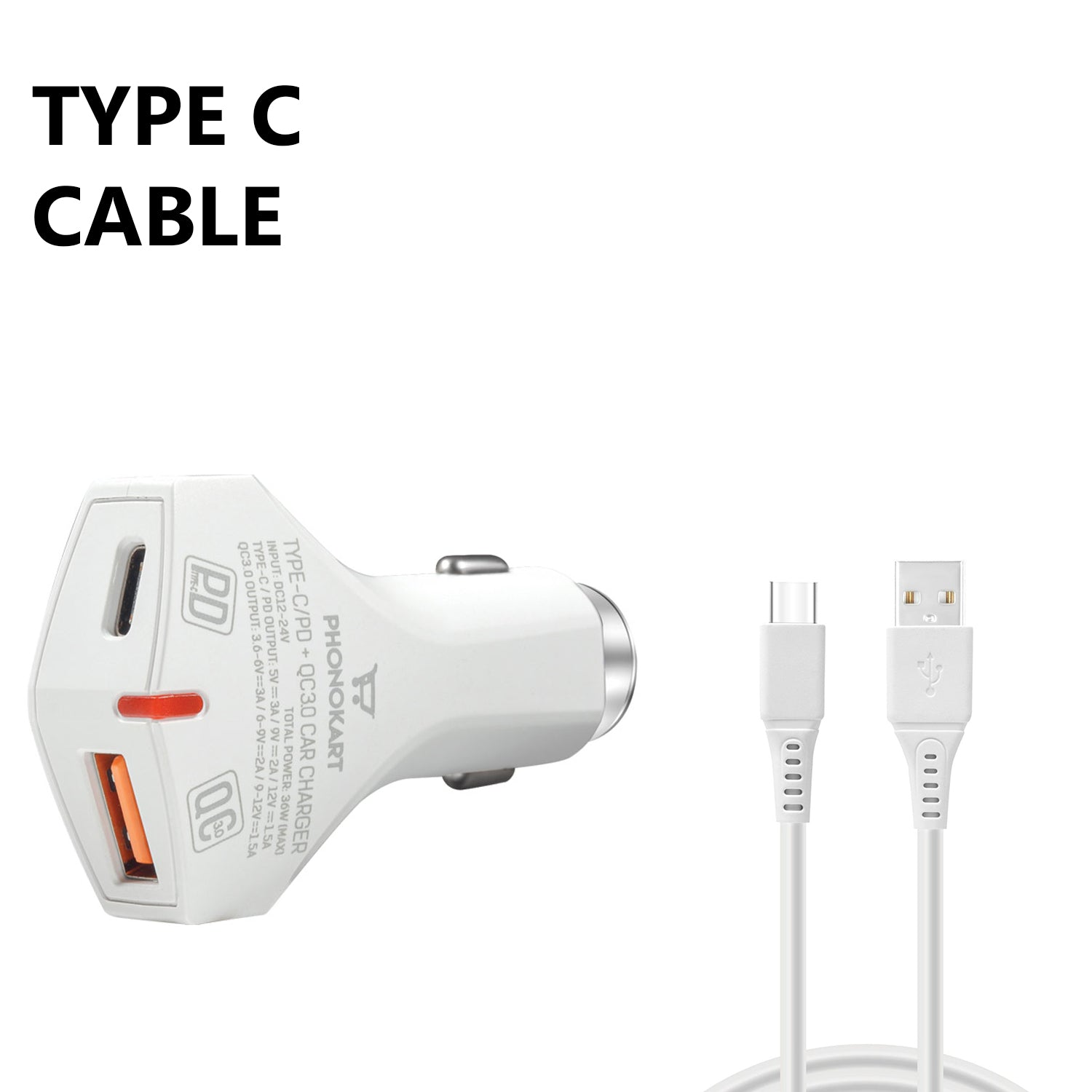 BOLD CAR CHARGER (PD/QC 3.0) WITH FREE TYPE C CABLE (WHITE)