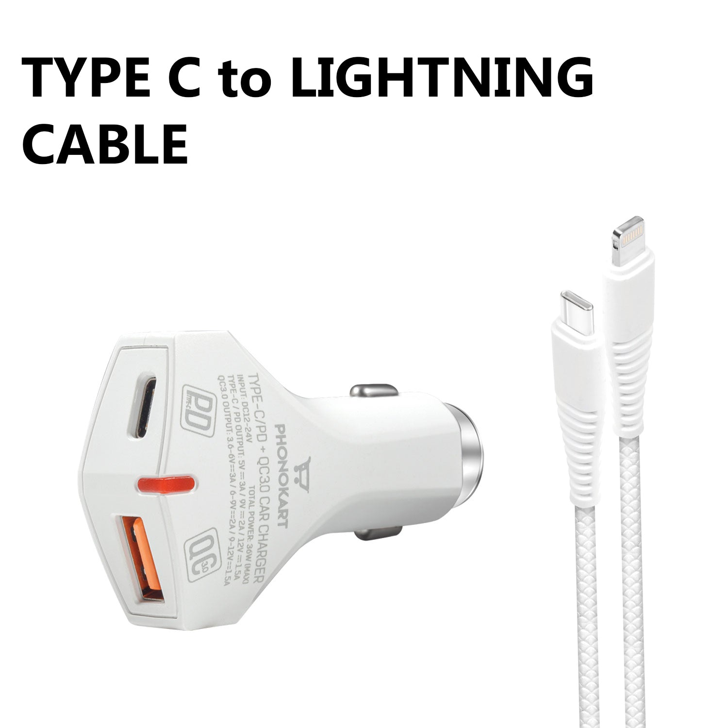 BOLD CAR CHARGER (PD/QC 3.0) WITH FREE LIGHTNING TO TYPE C (L2C) CABLE (WHITE)