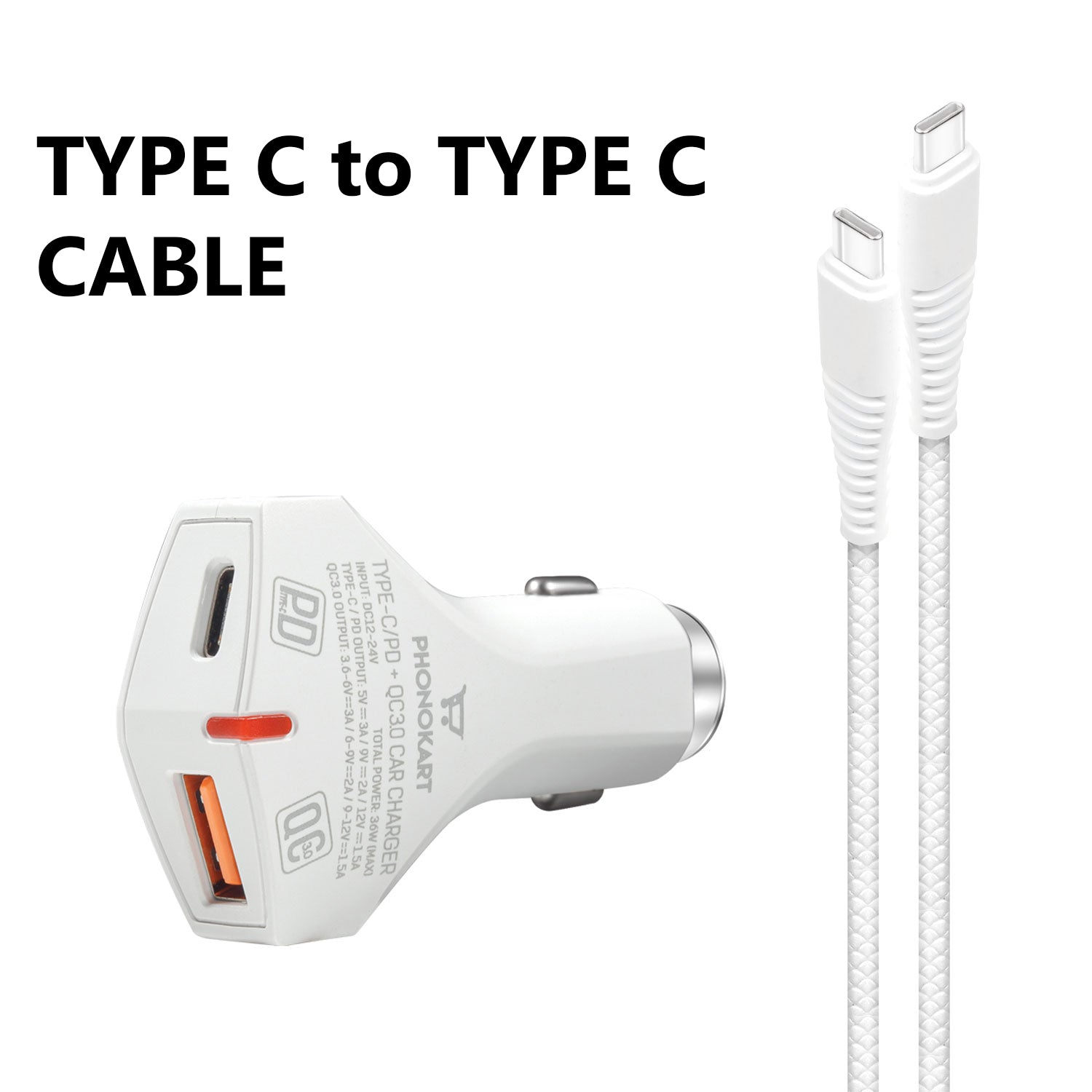 type  c car chargerBOLD CAR CHARGER (PD/QC 3.0) WITH FREE TYPE C TO TYPE C (C2C) CABLE (WHITE)