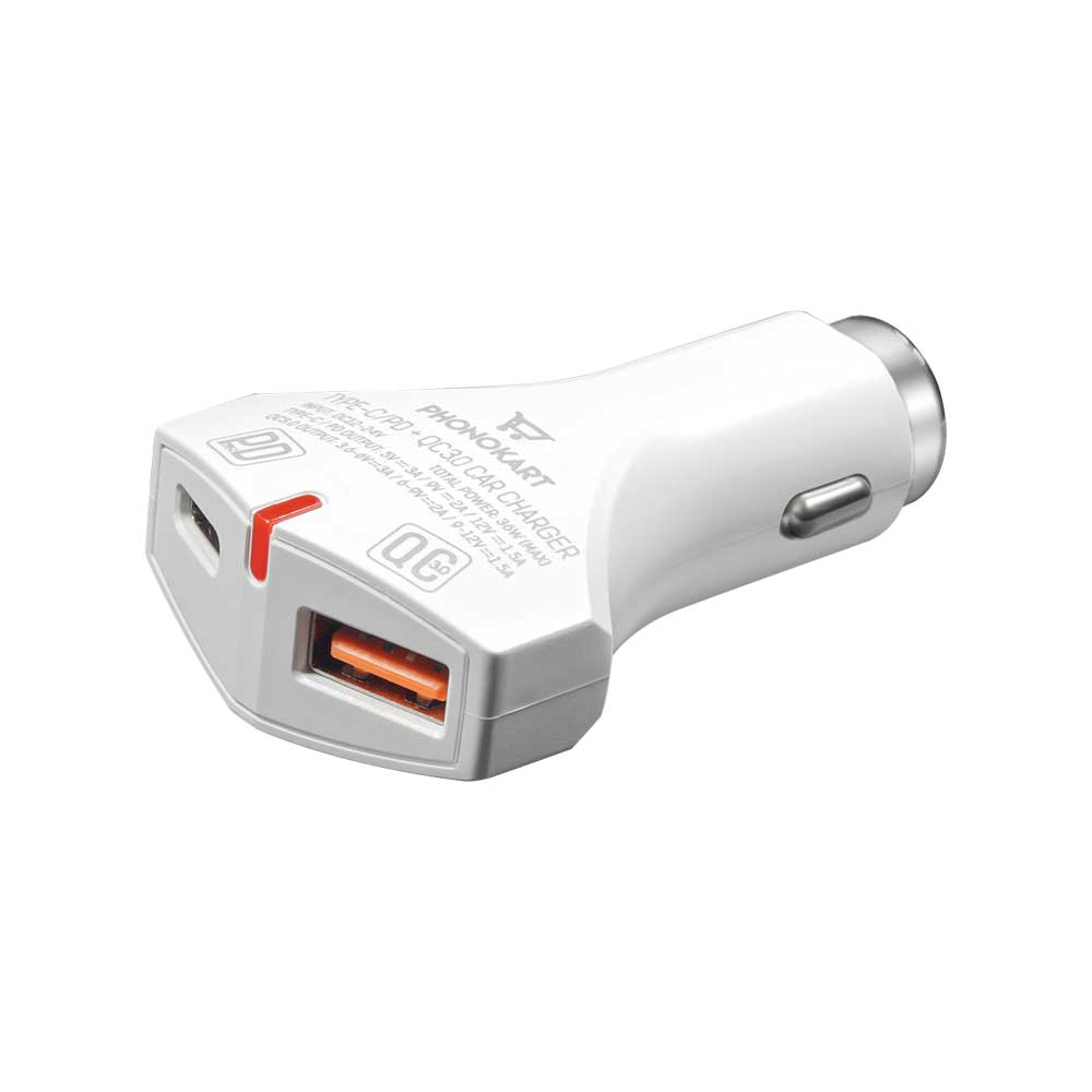 BOLD CAR CHARGER (PD/QC 3.0) WITH FREE TYPE C CABLE (WHITE)