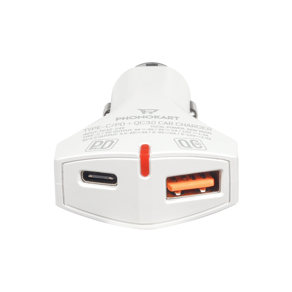 BOLD CAR CHARGER (PD/QC 3.0) WITH FREE LIGHTNING CABLE (WHITE)