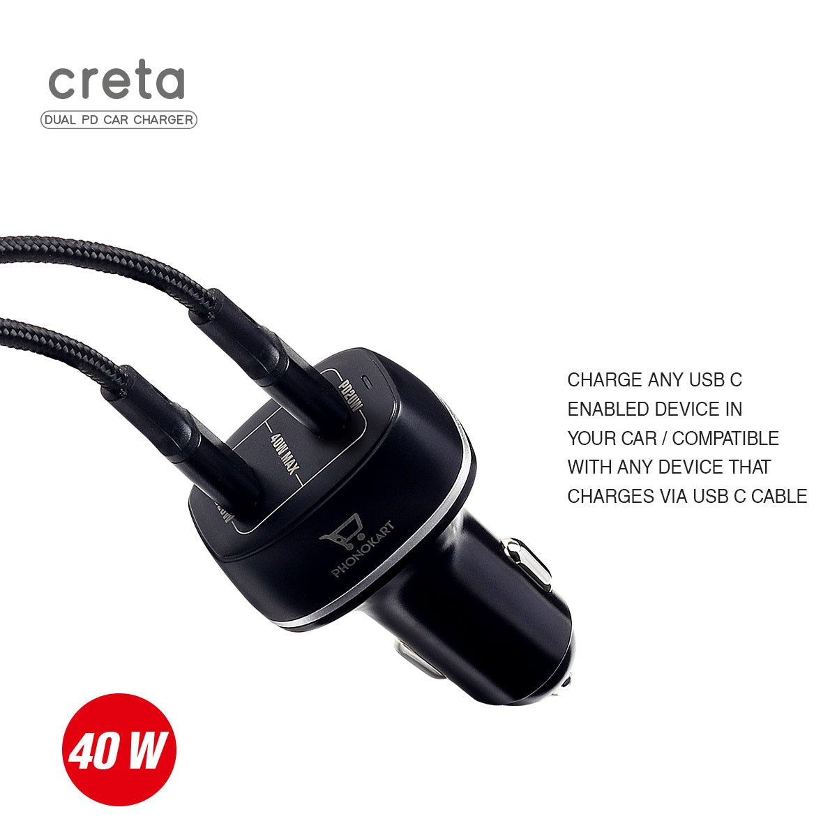 CRETA CAR CHARGER (40W) WITH FREE TYPE C TO LIGHTNING (C2L) CABLE (BLACK)
