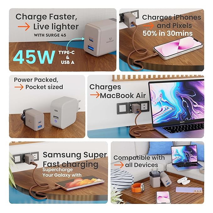 Surge 45W Dual Port GaN Charger, USB & Type C Port with PD, PPS  50% in 30 mins