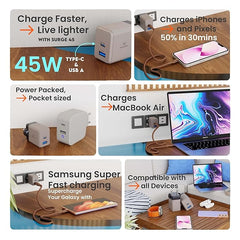 Surge 45W Dual Port GaN Charger, USB & Type C Port with PD, PPS  50% in 30 mins