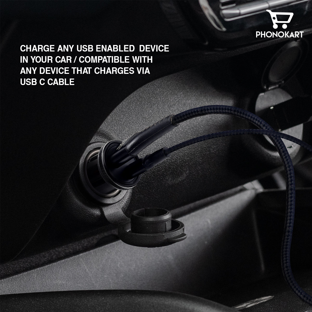 CAR CHARGER SELTOS (48W) WITH FREE TYPE C TO TYPE C (C2C)  CABLE (BLACK)