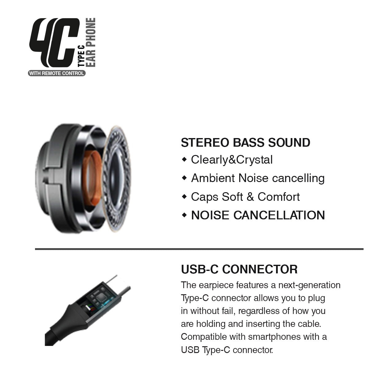 4C Type C Wired Headset With Mic (Black)