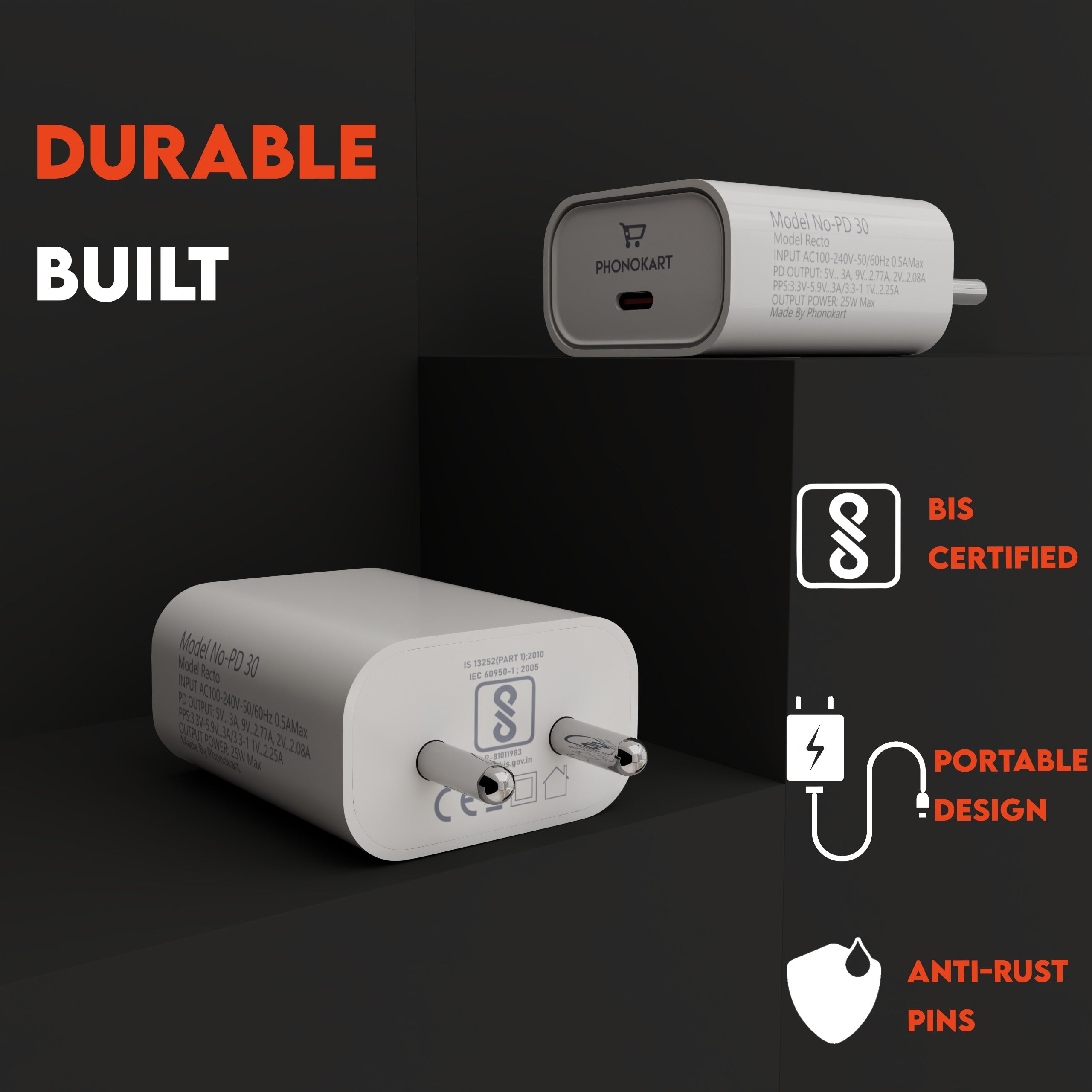 RECTO 25W Super Fast Charging Adapter – USB-C Power Delivery Charger (White)