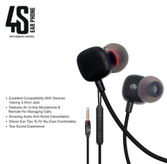 4S Handsfree Wired Headset With Mic (Black, In the Ear)